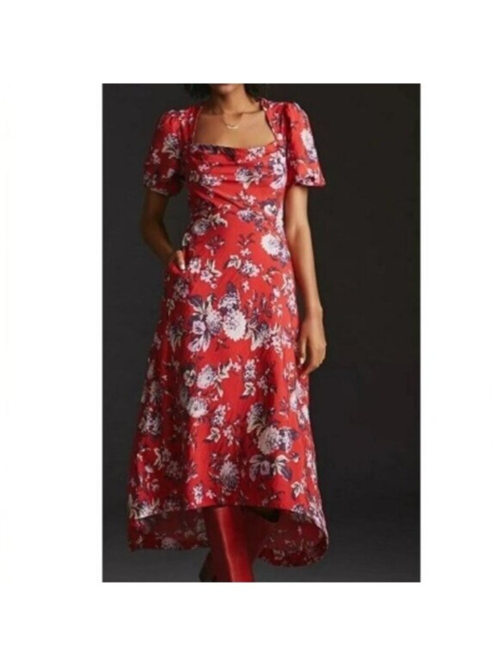Anthropologie Maeve Puff Sleeve Hi Low Midi Dress 0 Red Floral Bohemian Flowy